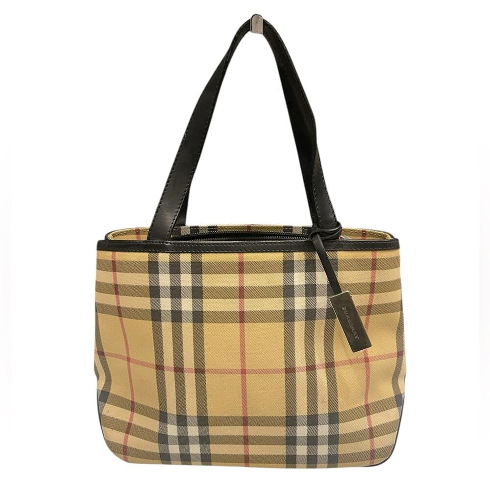 BURBERRY Nova Check Hand Bag Coated Canvas Beige Black Silver